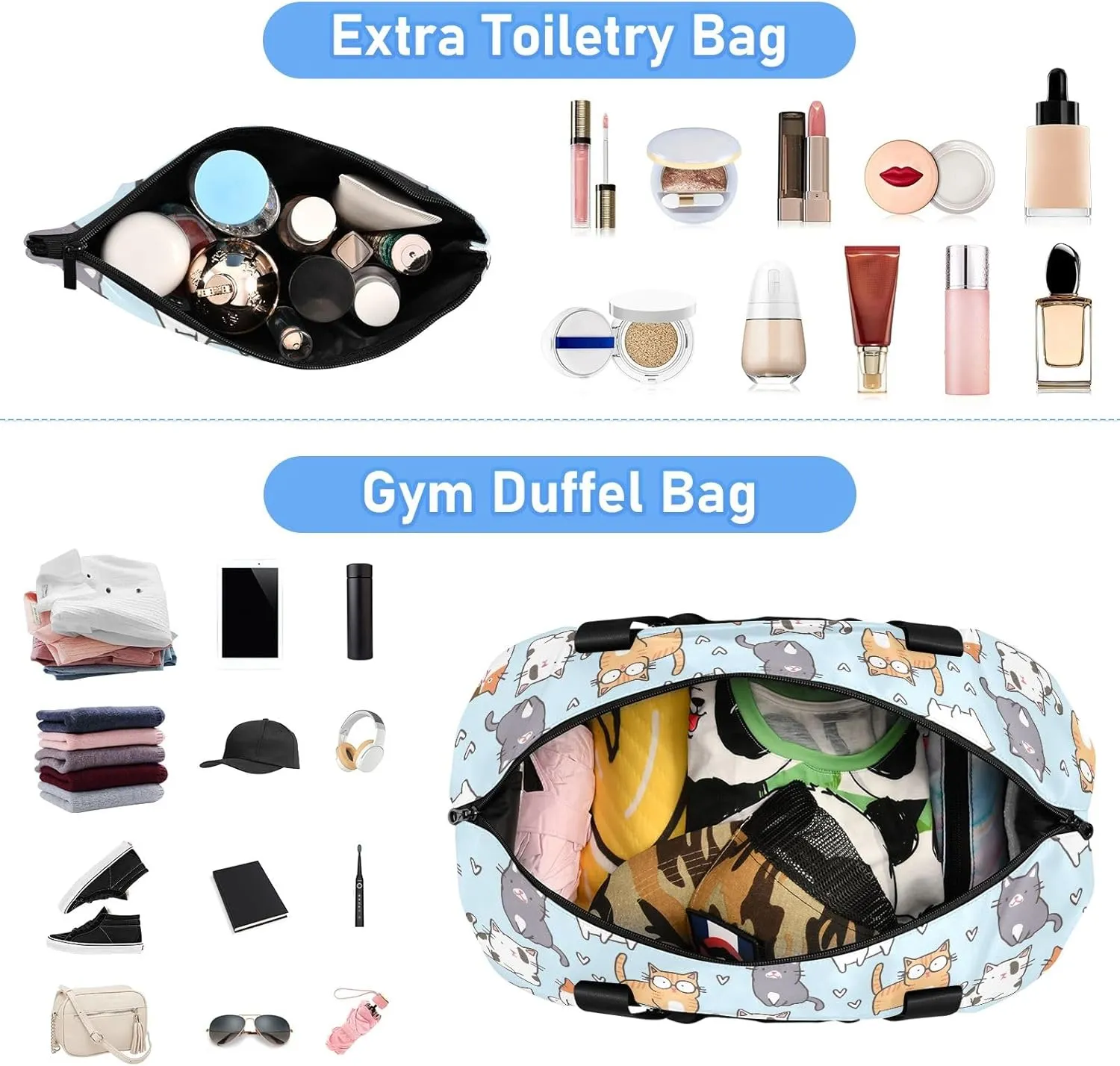 Cute Cat Design Travel Tote for Women Expandable Duffle Bag Gym, Airplane Personal Item Bag