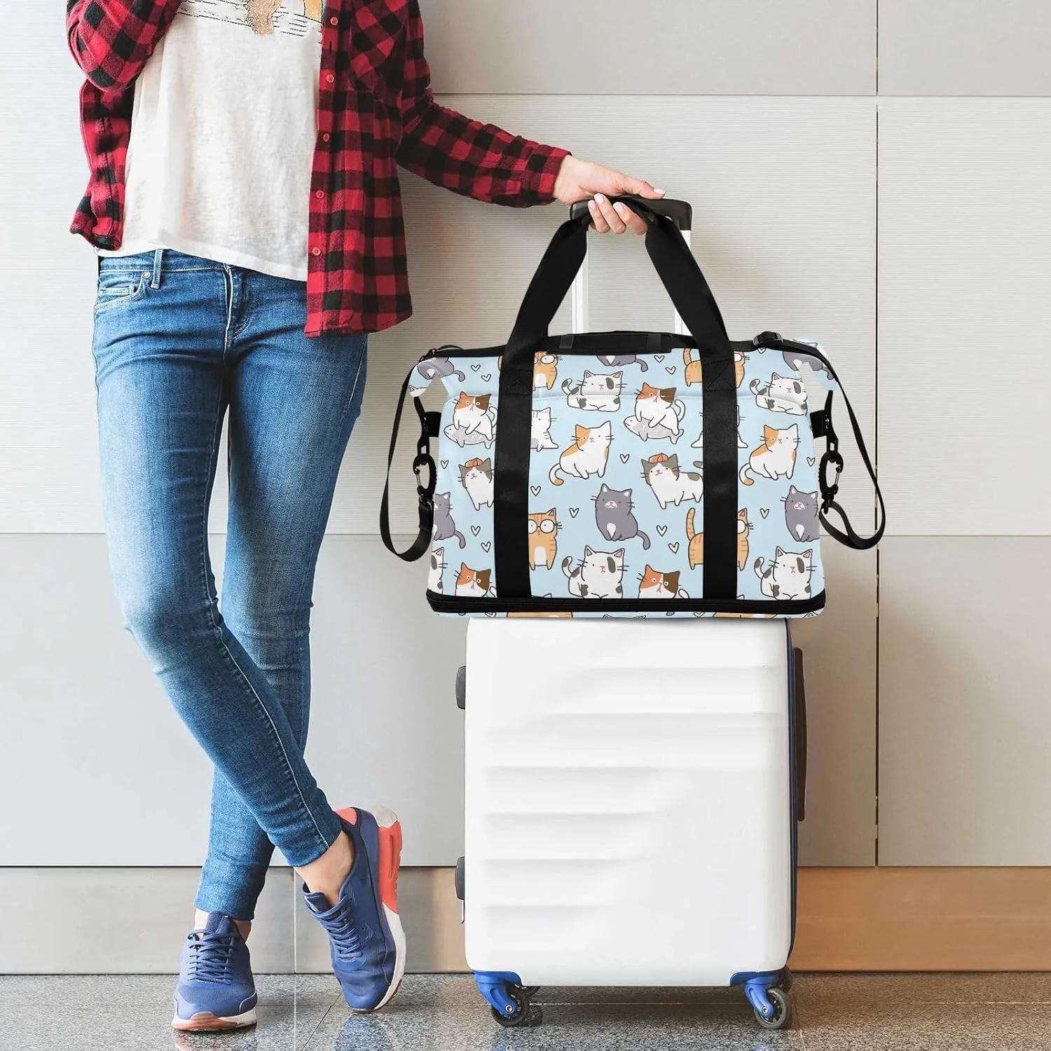 Cute Cat Design Travel Tote for Women Expandable Duffle Bag Gym, Airplane Personal Item Bag
