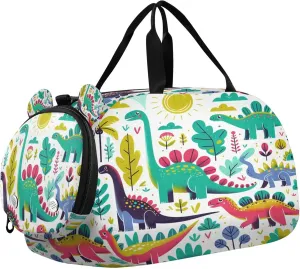 Cute Dinosaur Kids Overnight Sports Duffel Bags with Shoe Compartment & Wet Pocket Travel Sport Gym Bag for Girls Boys