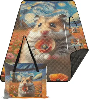 Cute Hamster Flower Starry Night Beach Blankets Waterproof Sandproof Grass Blanket Camping Mat Extra Large Foldable Picnic Blanket Cute 118" x 80"