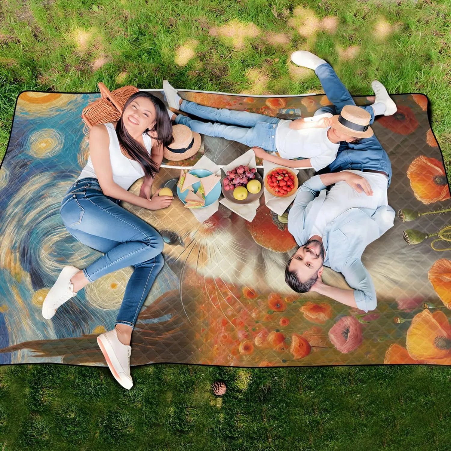 Cute Hamster Flower Starry Night Beach Blankets Waterproof Sandproof Grass Blanket Camping Mat Extra Large Foldable Picnic Blanket Cute 118" x 80"