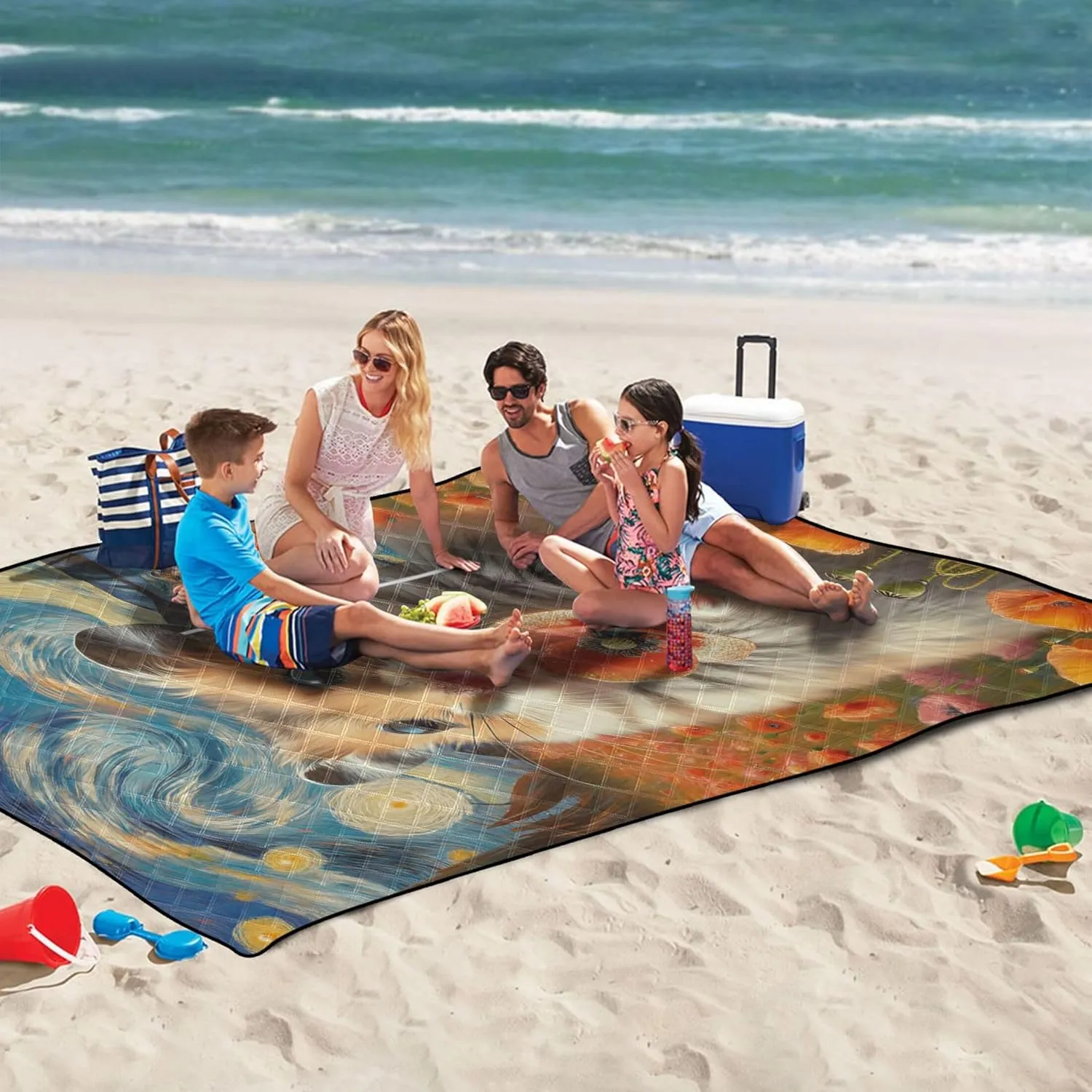 Cute Hamster Flower Starry Night Beach Blankets Waterproof Sandproof Grass Blanket Camping Mat Extra Large Foldable Picnic Blanket Cute 118" x 80"