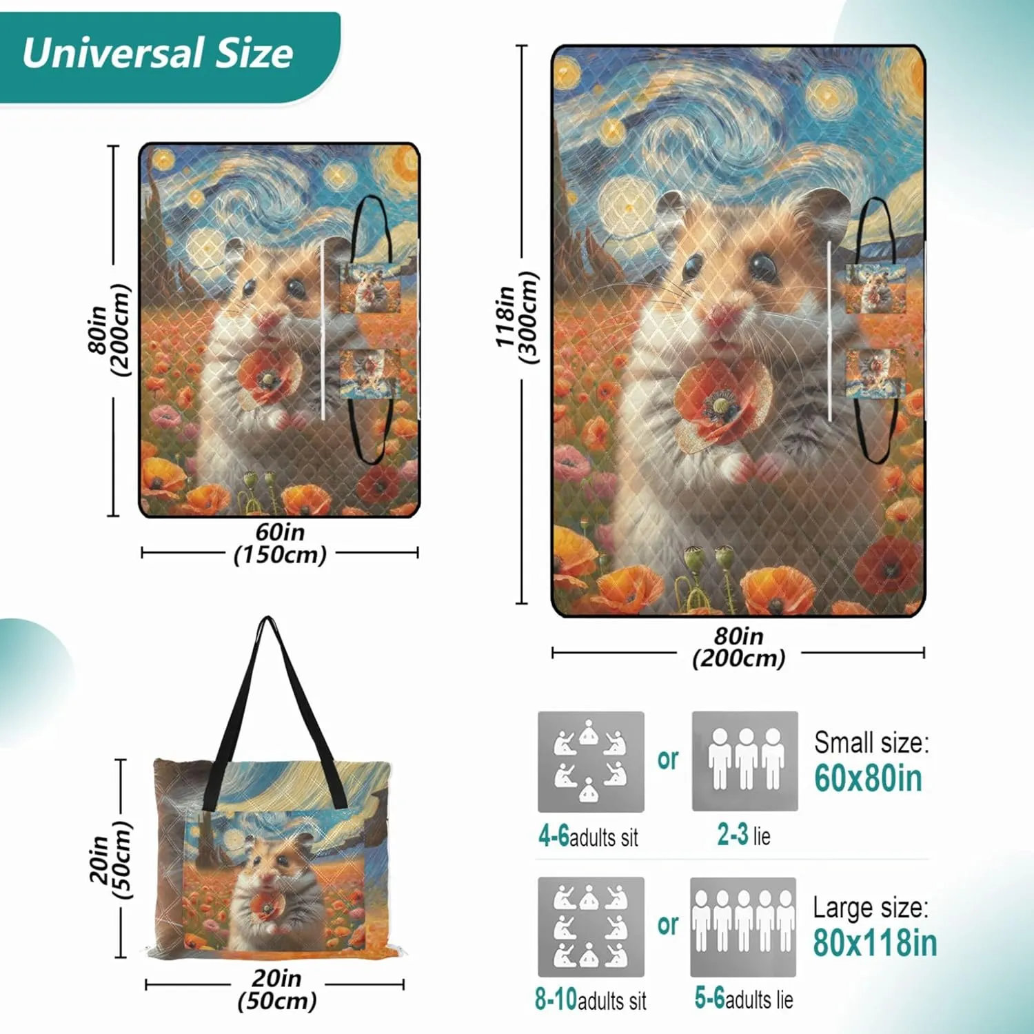 Cute Hamster Flower Starry Night Beach Blankets Waterproof Sandproof Grass Blanket Camping Mat Extra Large Foldable Picnic Blanket Cute 118" x 80"