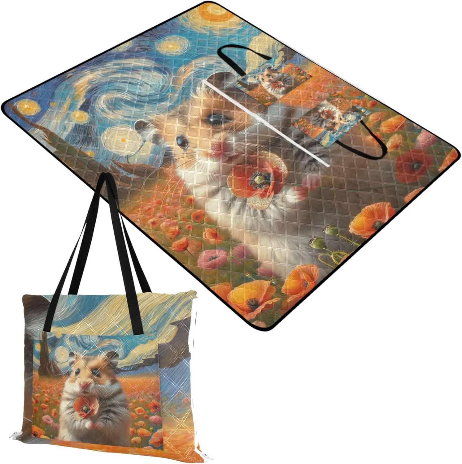Cute Hamster Flower Starry Night Beach Blankets Waterproof Sandproof Grass Blanket Camping Mat Extra Large Foldable Picnic Blanket Cute 118" x 80"