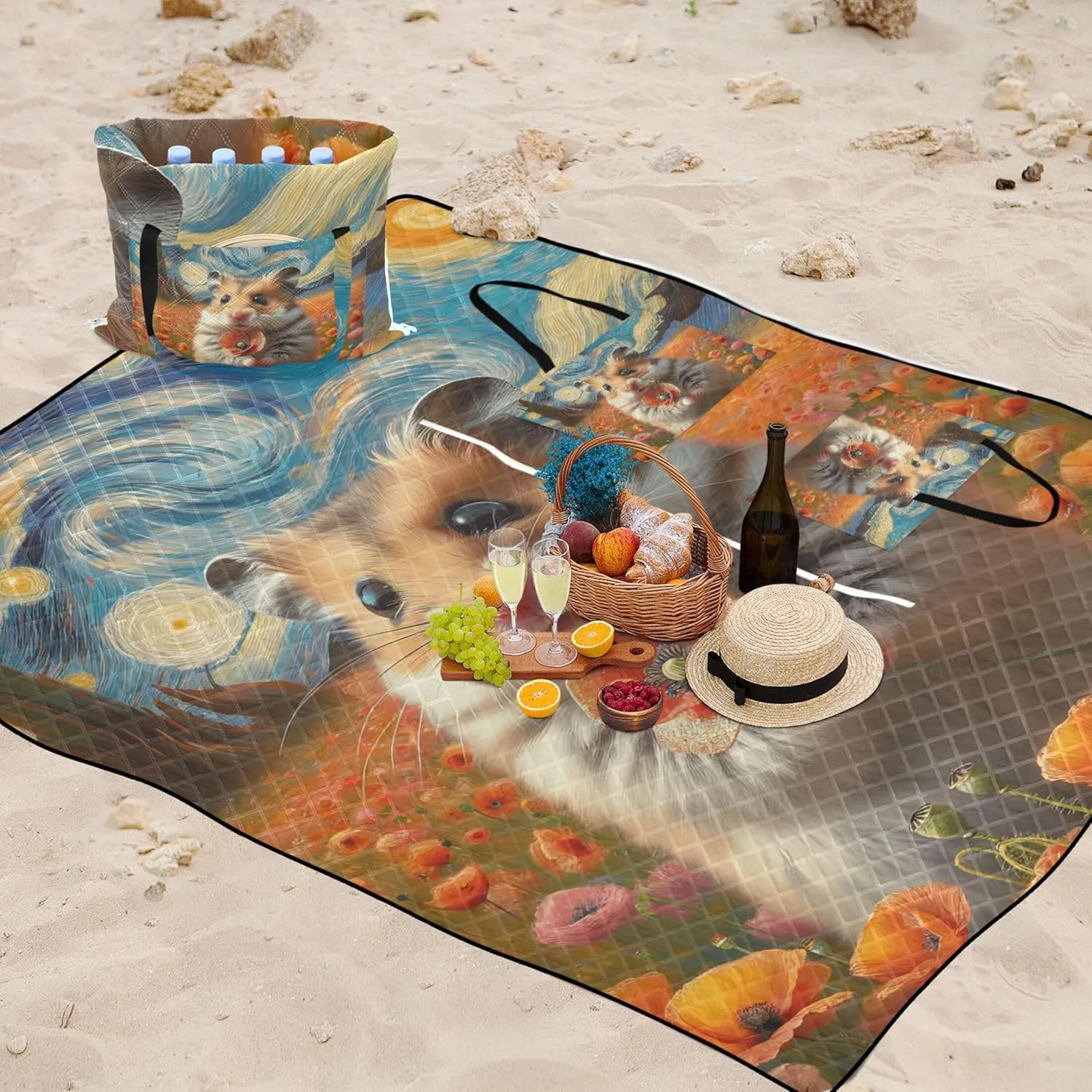 Cute Hamster Flower Starry Night Beach Blankets Waterproof Sandproof Grass Blanket Camping Mat Extra Large Foldable Picnic Blanket Cute 118" x 80"