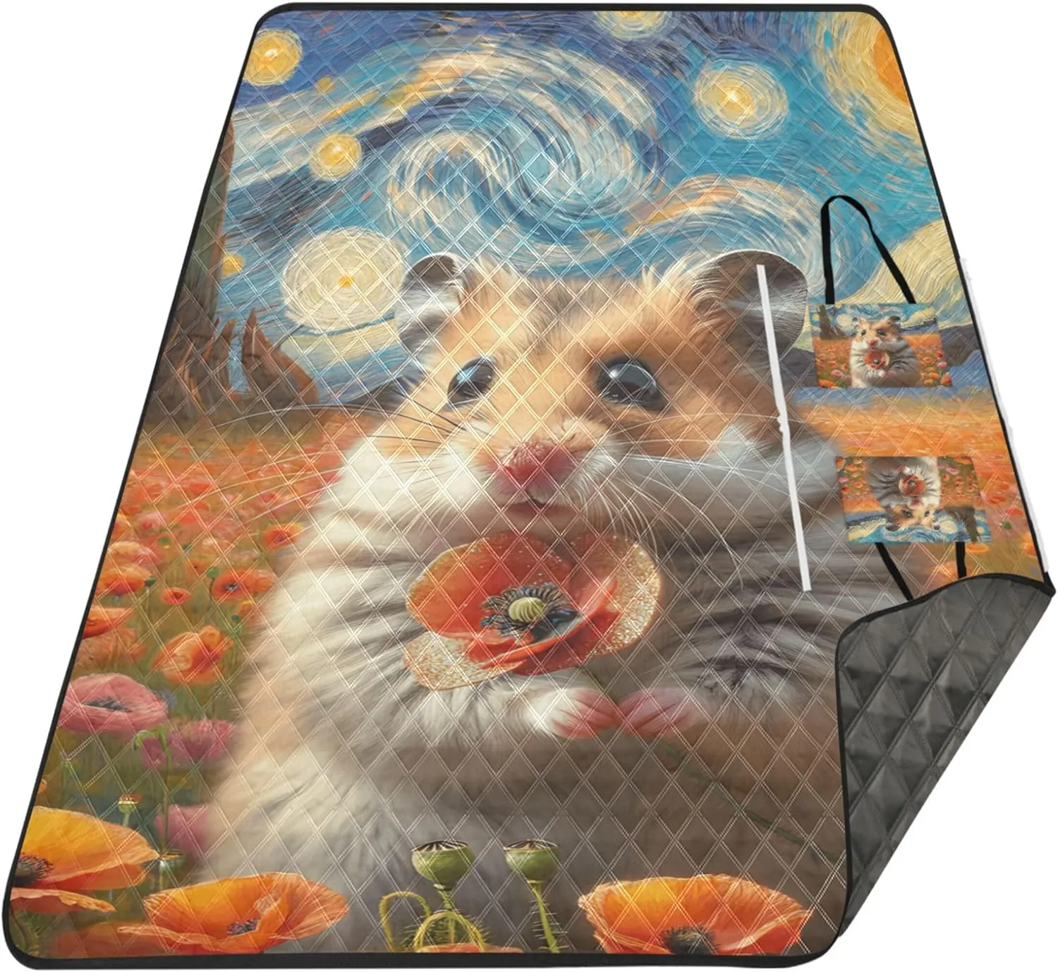Cute Hamster Flower Starry Night Beach Blankets Waterproof Sandproof Grass Blanket Camping Mat Extra Large Foldable Picnic Blanket Cute 118" x 80"