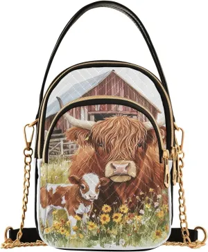 Cute Highland Cow Calf Flower Small Crossbody Bags for Women Adjustable Strap Purses Travel Handbags 20858668