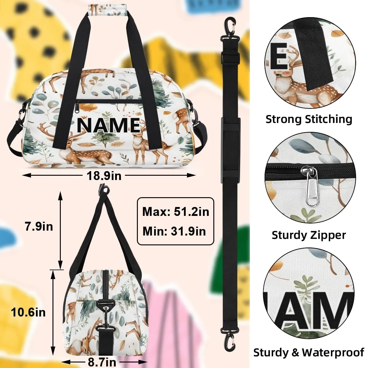 Cute Wild Deer Mini Gym Bag 18 inch for Women Men Waterproof Custom Eucalyptus Leaf Travel Duffel Bag Carry On Overnight Tote Nurse Bag for Work Fitness Hiking