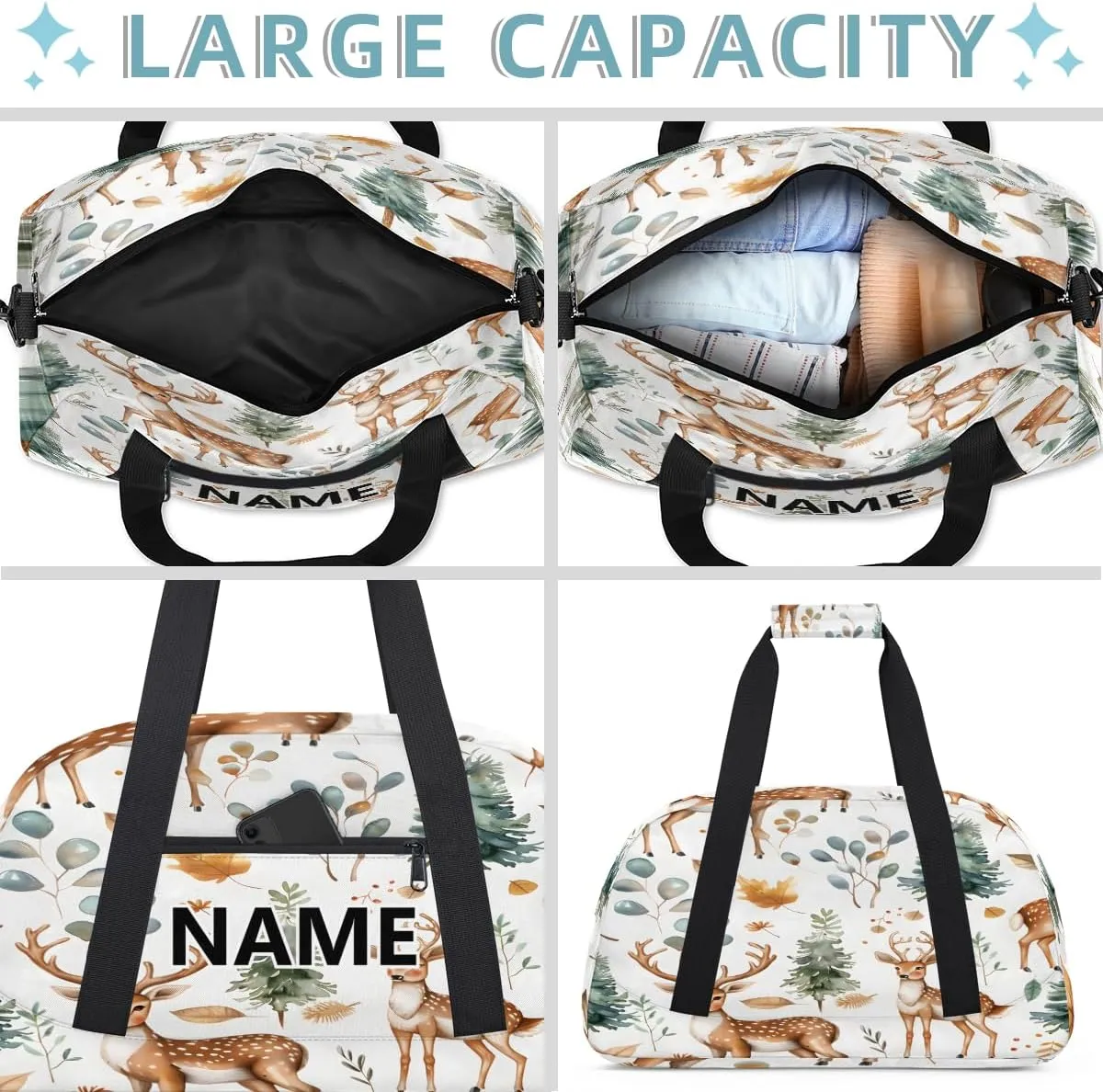 Cute Wild Deer Mini Gym Bag 18 inch for Women Men Waterproof Custom Eucalyptus Leaf Travel Duffel Bag Carry On Overnight Tote Nurse Bag for Work Fitness Hiking