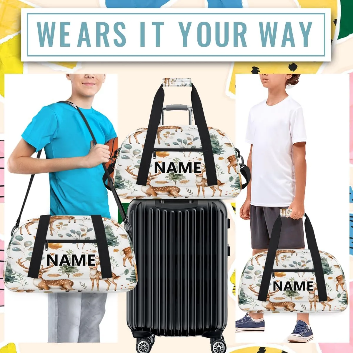 Cute Wild Deer Mini Gym Bag 18 inch for Women Men Waterproof Custom Eucalyptus Leaf Travel Duffel Bag Carry On Overnight Tote Nurse Bag for Work Fitness Hiking