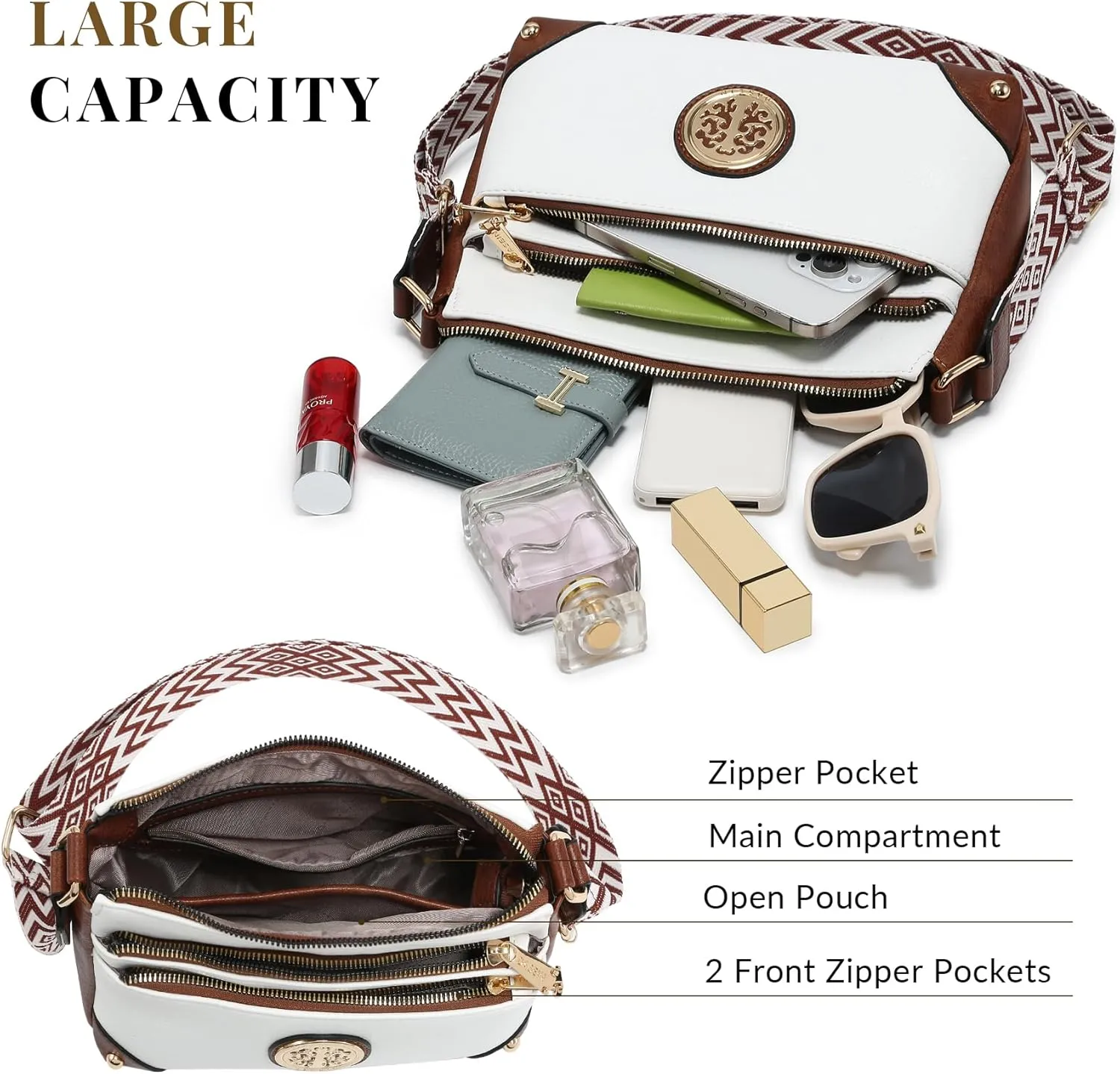 Dasein Crossbody Purses for Women Trendy Multi Pockets Shoulder Bag Medium Handbags with Guitar Strap