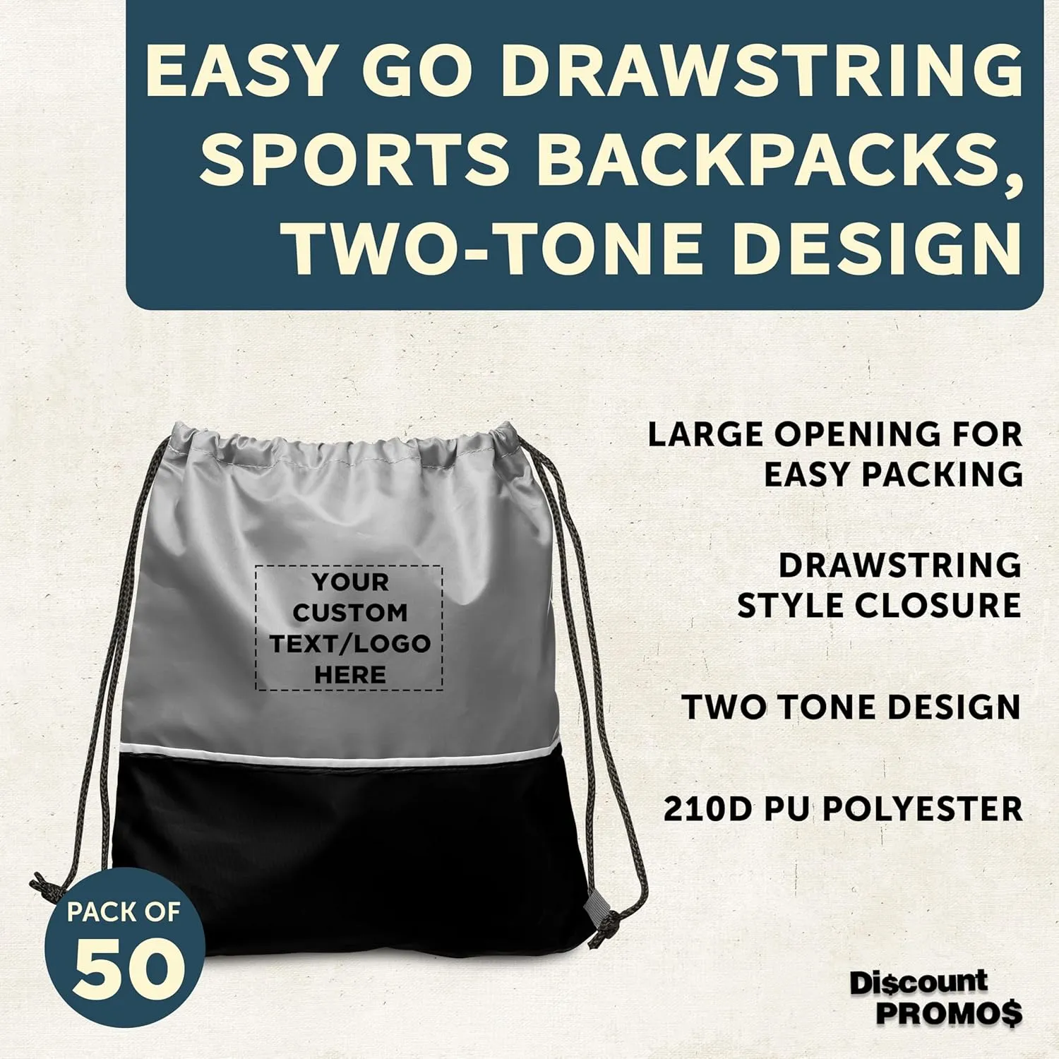 DISCOUNT PROMOS 50 Easy Go Drawstring Backpacks Set - Customizable Text, Logo - Polyester, Convenient, Innovative features, Stylish - Black