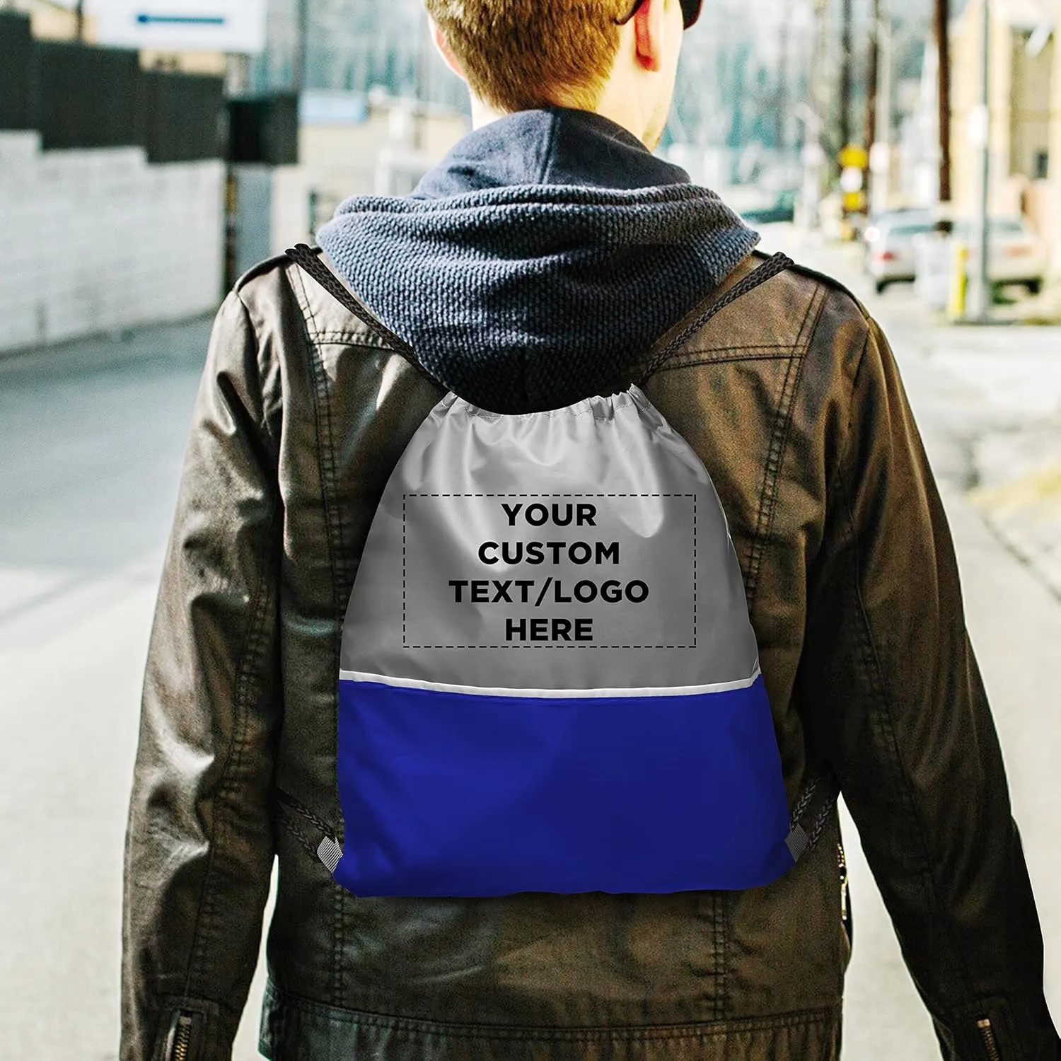 DISCOUNT PROMOS 50 Easy Go Drawstring Backpacks Set - Customizable Text, Logo - Polyester, Convenient, Innovative features, Stylish - Blue