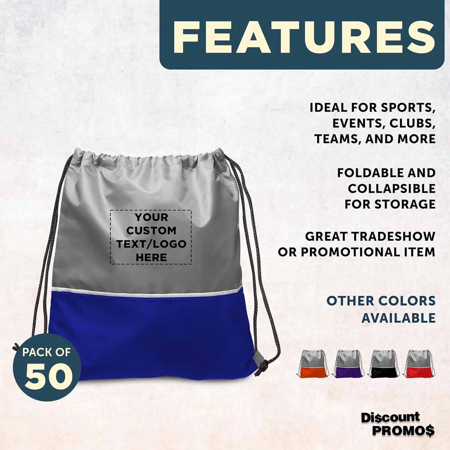 DISCOUNT PROMOS 50 Easy Go Drawstring Backpacks Set - Customizable Text, Logo - Polyester, Convenient, Innovative features, Stylish - Blue