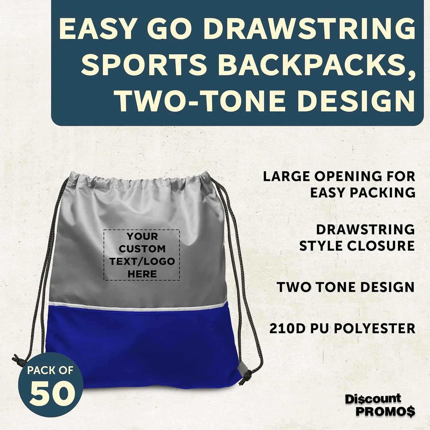 DISCOUNT PROMOS 50 Easy Go Drawstring Backpacks Set - Customizable Text, Logo - Polyester, Convenient, Innovative features, Stylish - Blue