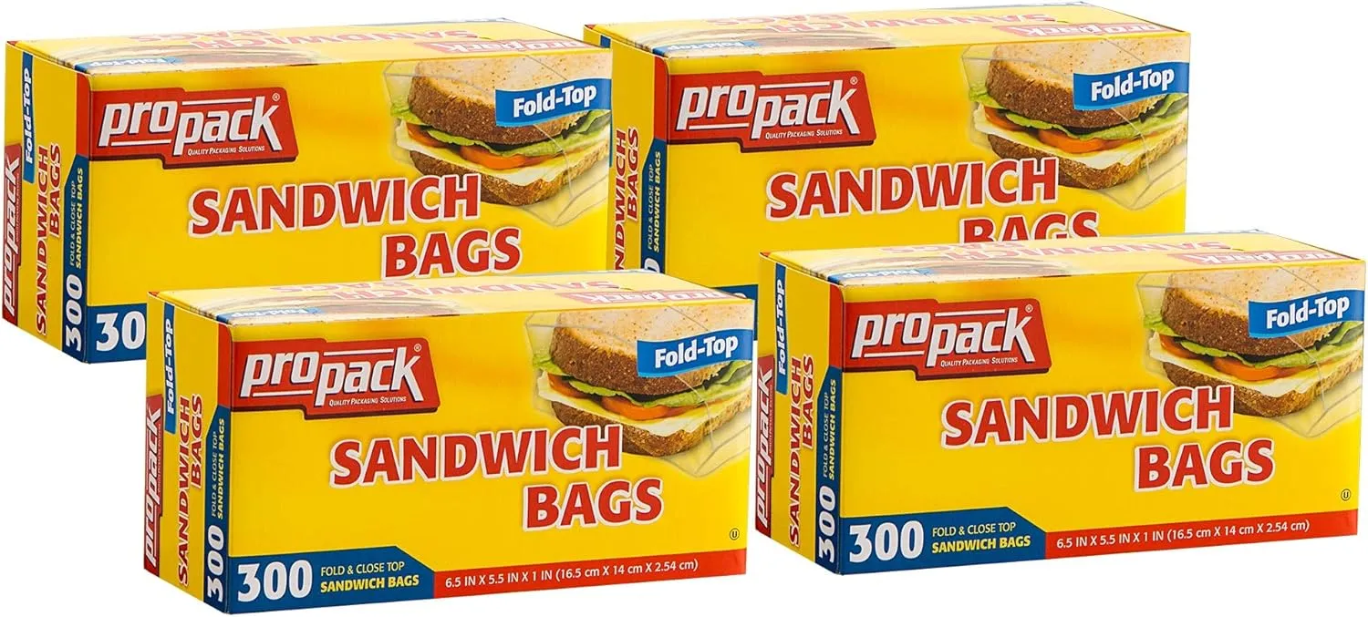Disposable Plastic Sandwich Bags with Fold Close Top 1200 Bags, Great for Home, Office, Vacation, Traveling, Sandwich, Fruits, Nuts, Cake, Cookies, Or Any Snacks (4 Packs)