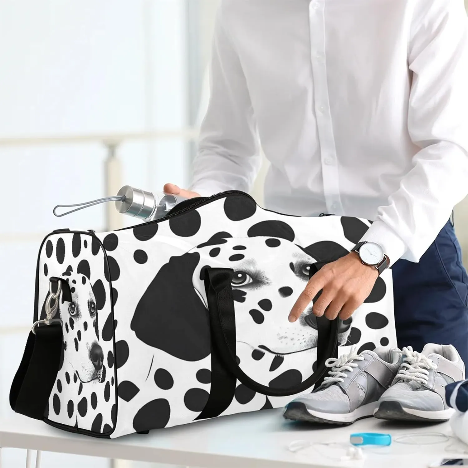 Dog Duffle Bag for Travel, Overnight Weekend Gym Carry On Luggage Bag, Black and White Dogs Travel Duffel Bag for Men Women