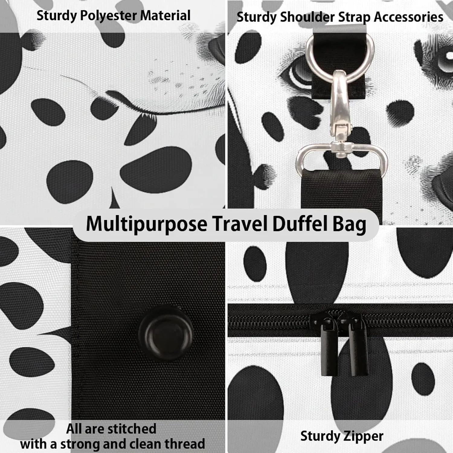 Dog Duffle Bag for Travel, Overnight Weekend Gym Carry On Luggage Bag, Black and White Dogs Travel Duffel Bag for Men Women