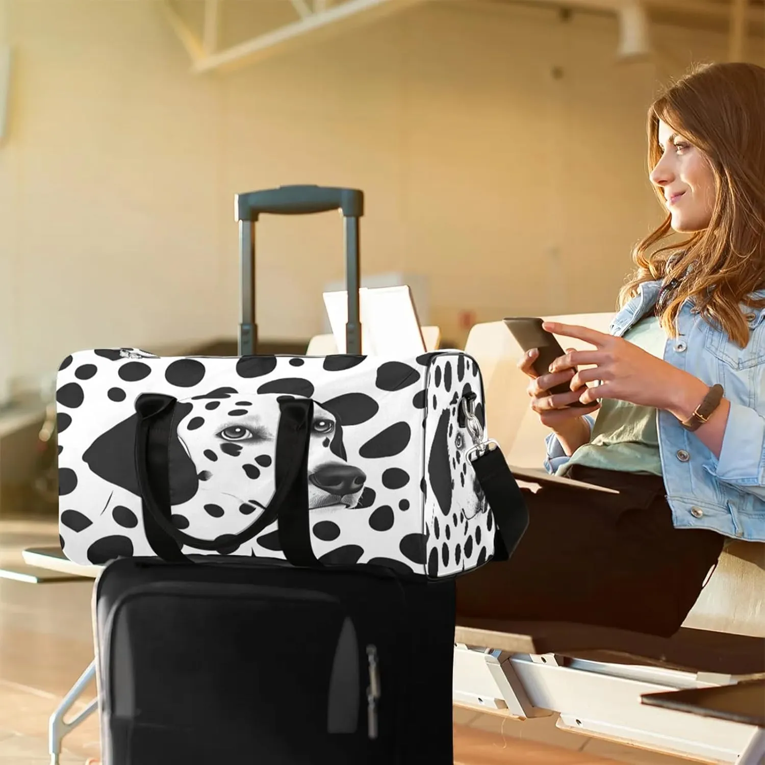 Dog Duffle Bag for Travel, Overnight Weekend Gym Carry On Luggage Bag, Black and White Dogs Travel Duffel Bag for Men Women