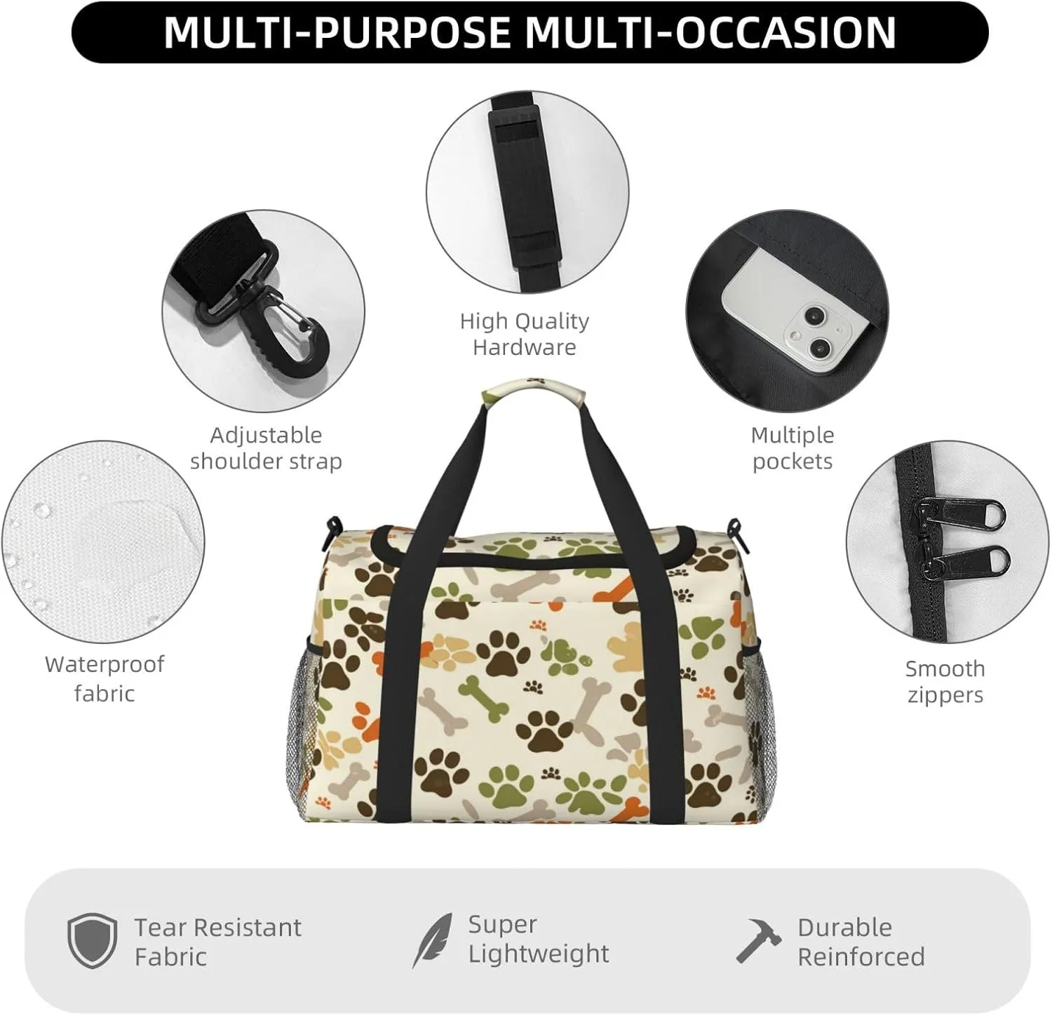 Dog Paw Prints Bones Duffle Bag Foldable Travel Tote Bag Carry On Large Weekender Overnight Bags Waterproof Gym Bag For Women Men