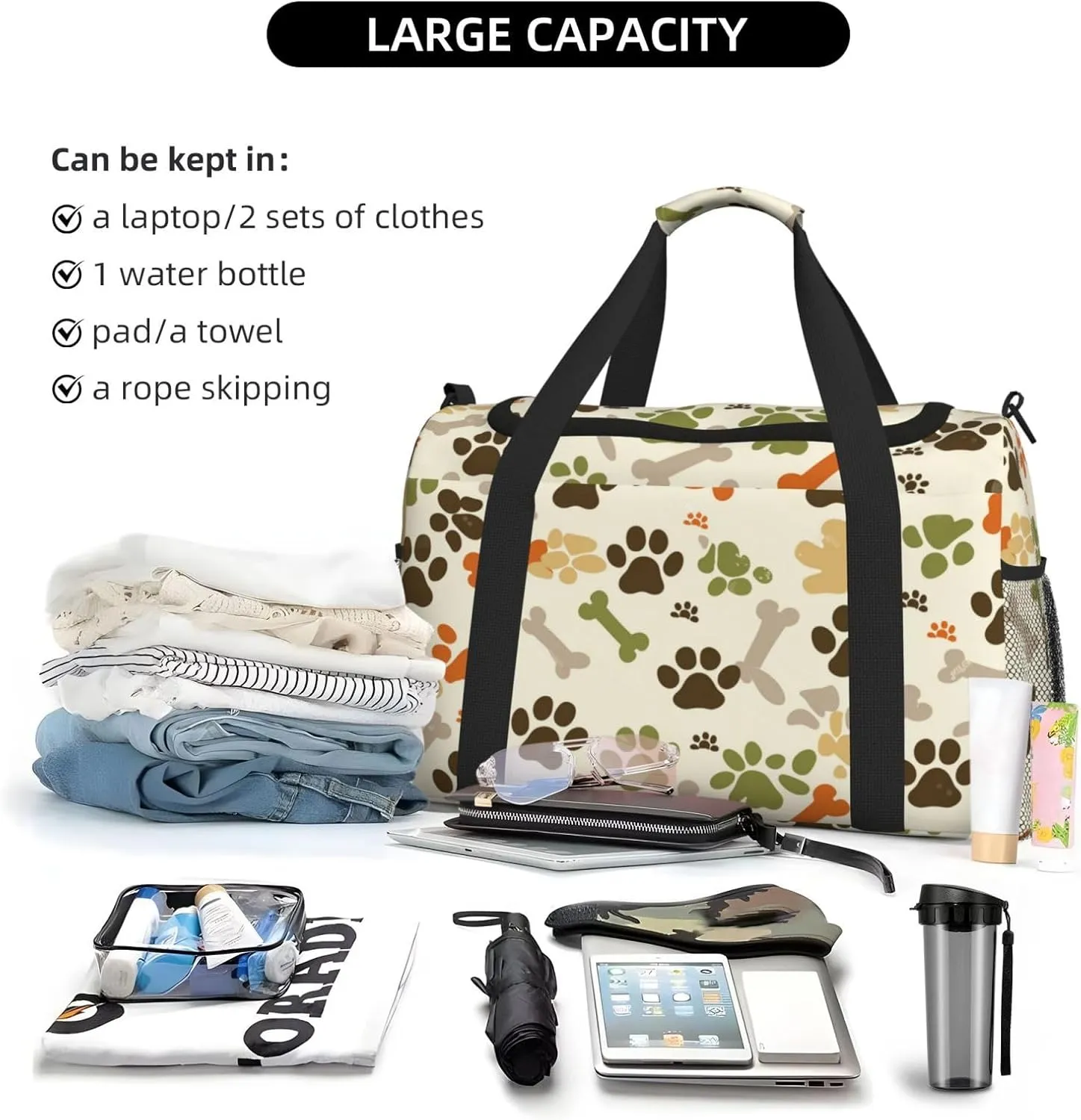 Dog Paw Prints Bones Duffle Bag Foldable Travel Tote Bag Carry On Large Weekender Overnight Bags Waterproof Gym Bag For Women Men