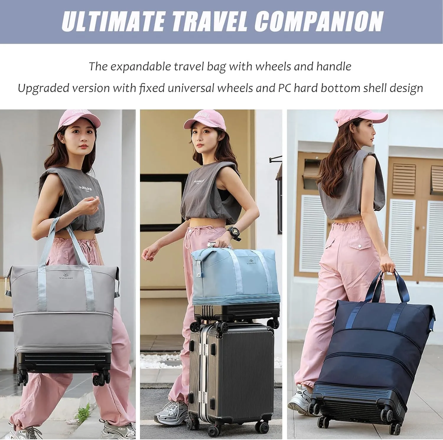 DOJUNS Duffle Bag with Wheels,Foldable Duffle Bag for Travel,Large Suitcases with Wheels,Foldable Travel Bag,Expandable Luggage,Carry on Luggage for Women Men (Dark blue)