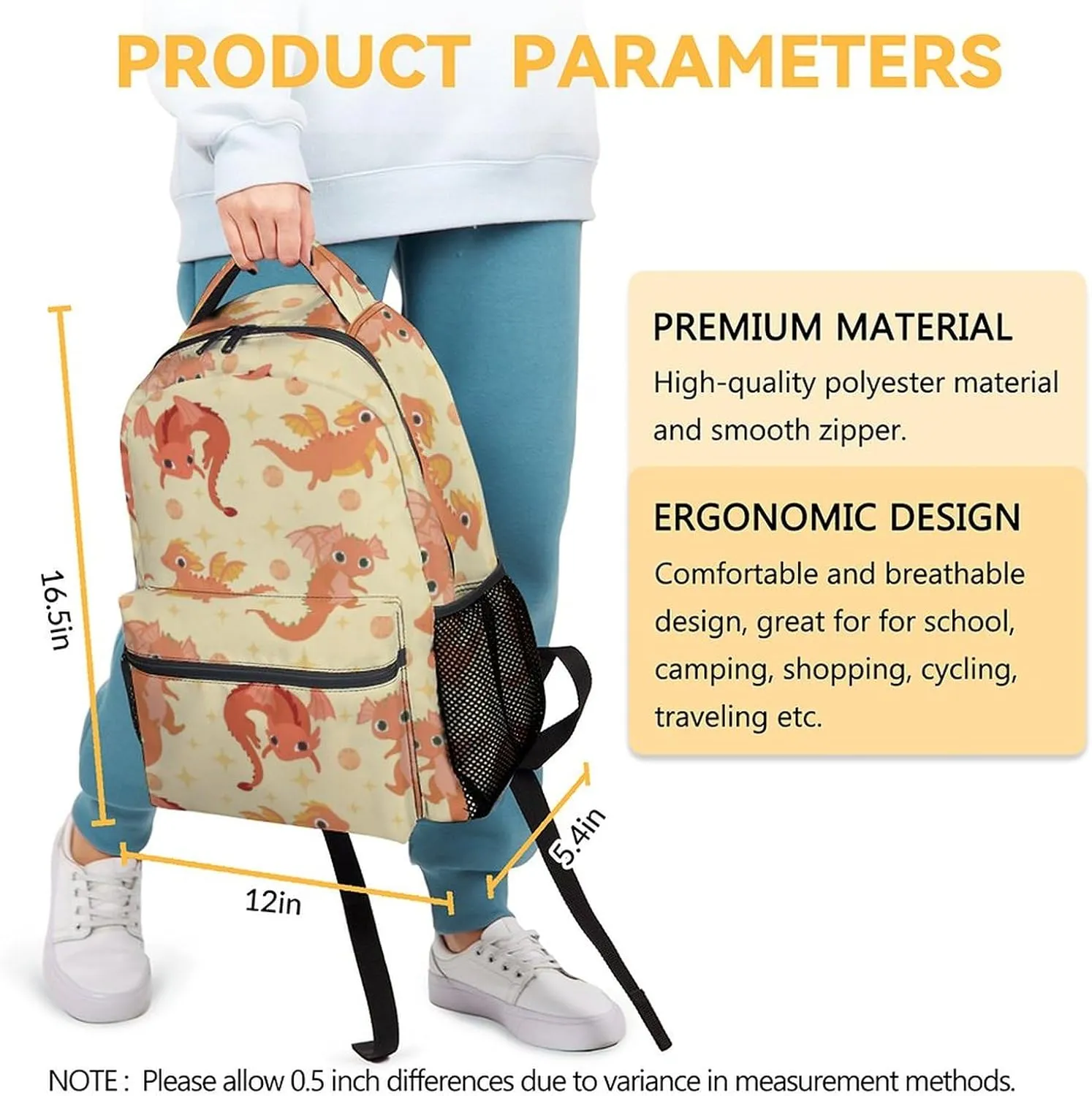 Dragon Backpack for Girls Boys, 16 Inch Backpacks for School, Cute, Adjustable Straps, Durable, Lightweight, Large Capacity Bookbag for Kids