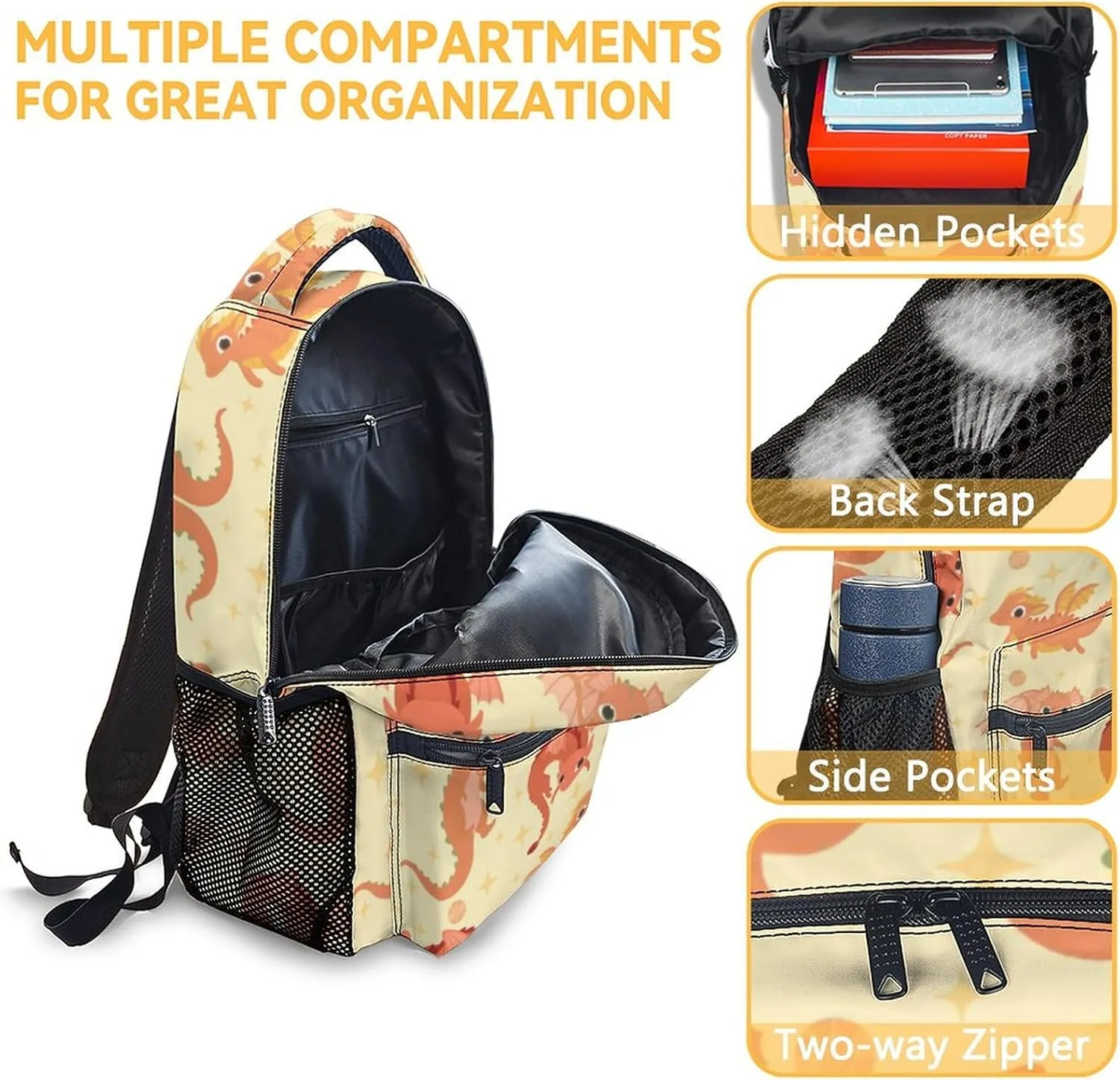 Dragon Backpack for Girls Boys, 16 Inch Backpacks for School, Cute, Adjustable Straps, Durable, Lightweight, Large Capacity Bookbag for Kids