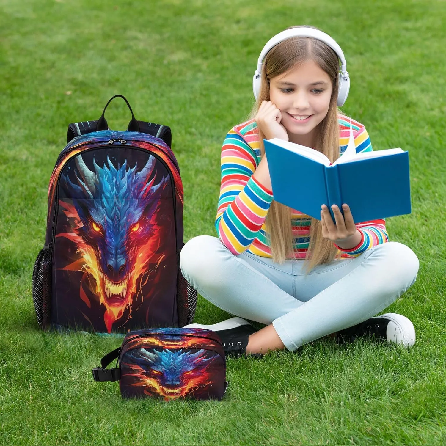 Dragon Kids Backpack for Girls Boys School Bookbag with Insulated Lunch Box for Elementary Students Middle School Teen Girls Backpacks