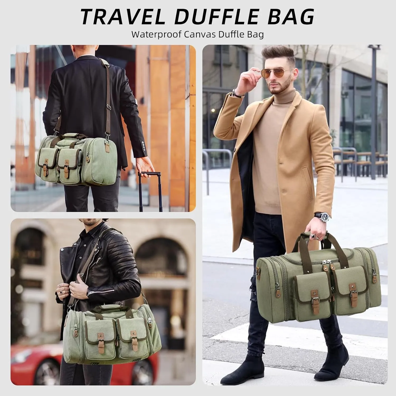 Duffle Bag for Travel, Expandable Waterproof Overnight Weekender Gym Carry On Bag 50L Canvas Duffel Bags with Suitcase Handle Sleeve for Men Women(Army Green)