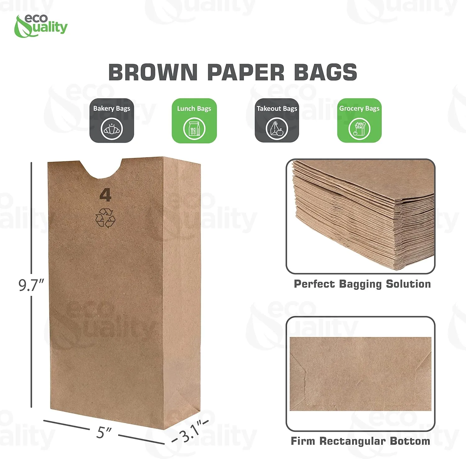 EcoQuality 2000 Brown Kraft Paper Bag (4 lb) Small - Paper Lunch Bags, Small Snacks, Gift Bags, Grocery, Merchandise, Party Bags (4 7/8 x 3 x 10 in.) (4 Pound Capacity)