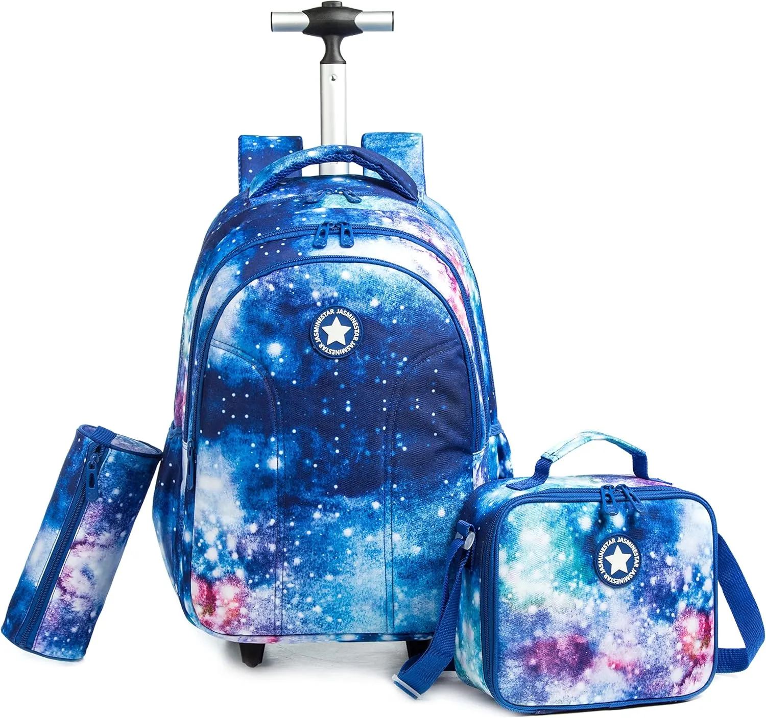 Egchescebo Boys Rolling Backpacks with Wheels 3PCS Starry Sky Backpack for School Wheeled Luggage Suitcase Lunch Box Pencil Case Large Capacity Bookbag Adjustable Trolley for Elementary Travel Blue