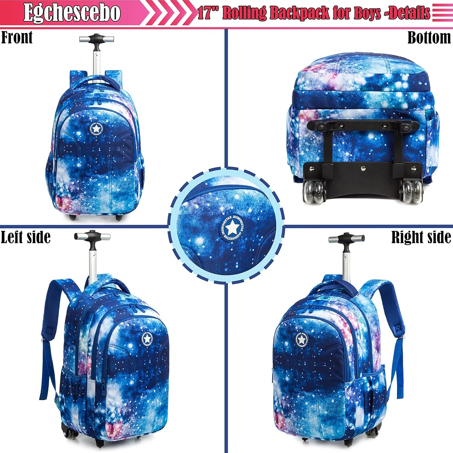 Egchescebo Boys Rolling Backpacks with Wheels 3PCS Starry Sky Backpack for School Wheeled Luggage Suitcase Lunch Box Pencil Case Large Capacity Bookbag Adjustable Trolley for Elementary Travel Blue