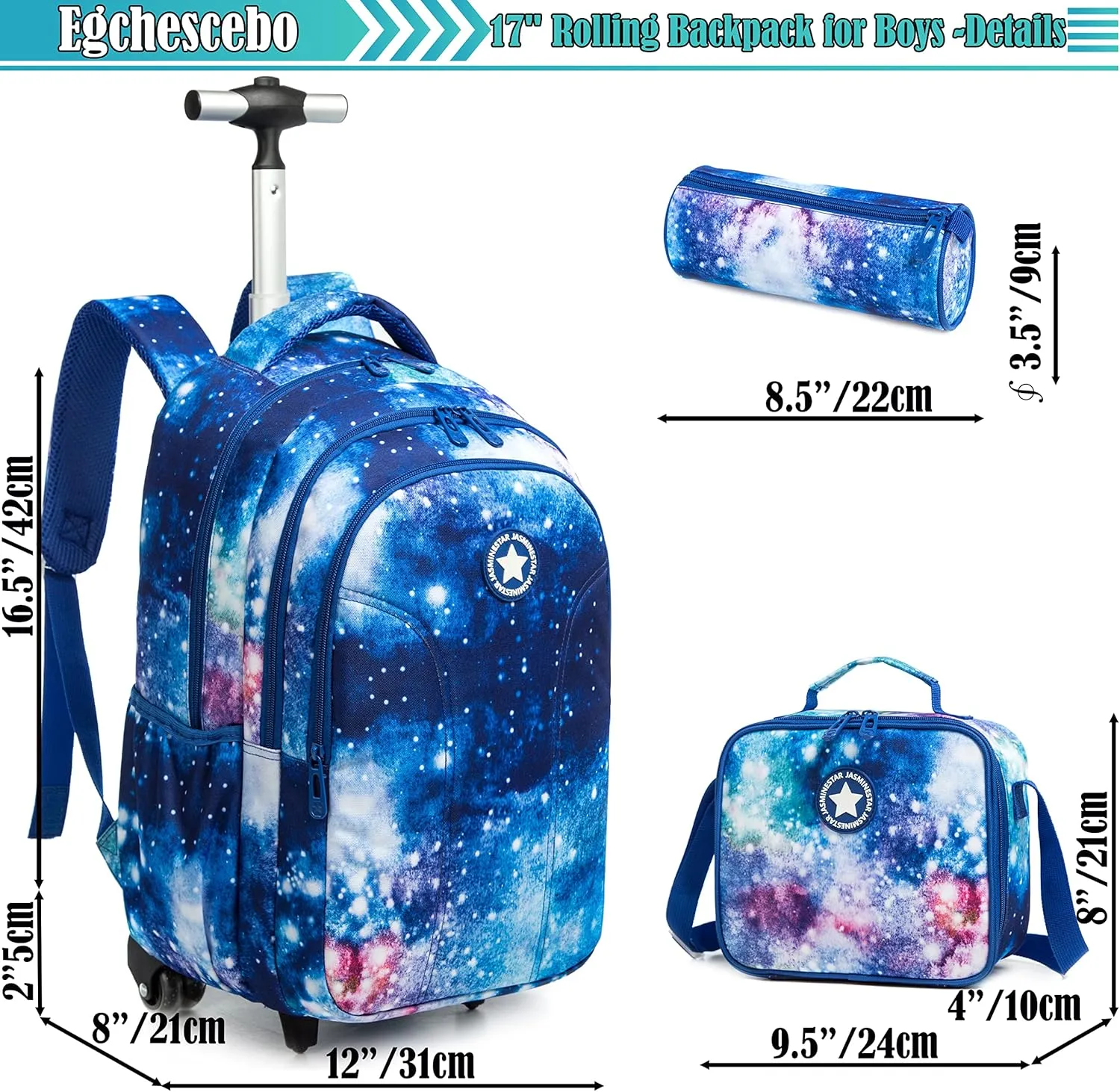 Egchescebo Boys Rolling Backpacks with Wheels 3PCS Starry Sky Backpack for School Wheeled Luggage Suitcase Lunch Box Pencil Case Large Capacity Bookbag Adjustable Trolley for Elementary Travel Blue
