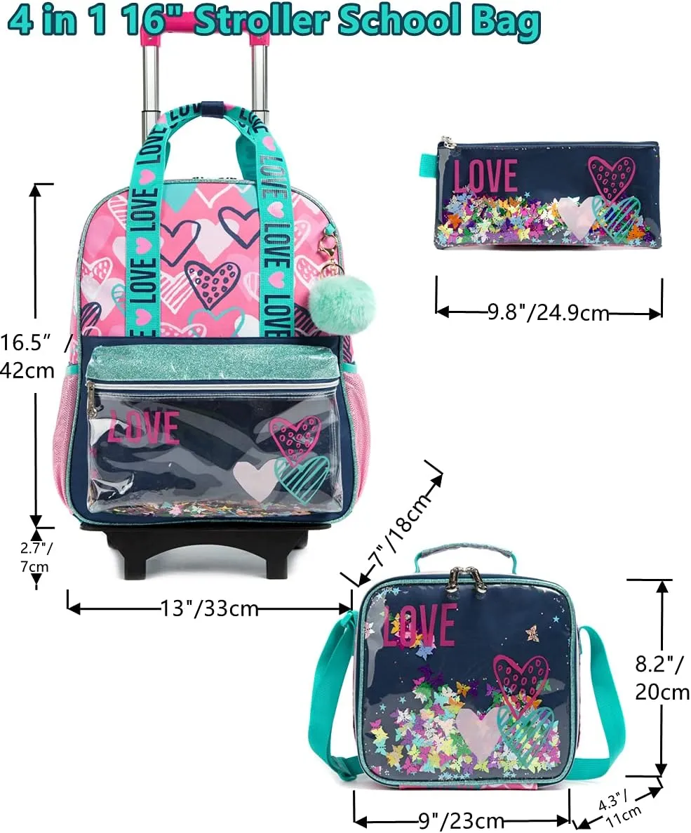 Egchescebo Girls Rolling Backpacks Kids Backpack with Wheels for School Bags Luggage 3PCS Canvas Love Backpack With Lunch Box Pencil Case Wheels Trolley Wheeled Backpacks for Girl‘s Travel Bags Pink