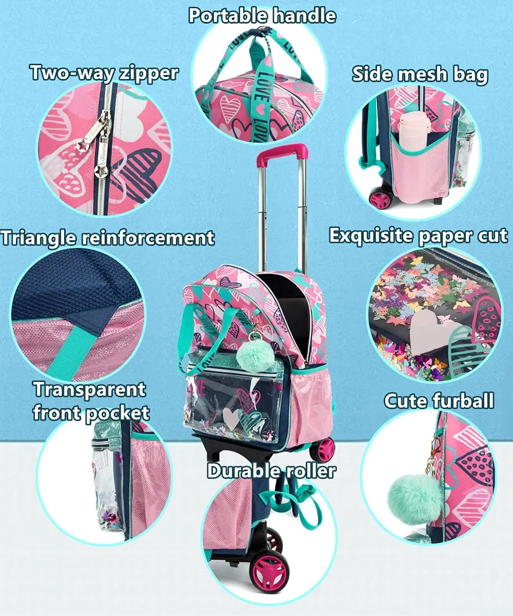 Egchescebo Girls Rolling Backpacks Kids Backpack with Wheels for School Bags Luggage 3PCS Canvas Love Backpack With Lunch Box Pencil Case Wheels Trolley Wheeled Backpacks for Girl‘s Travel Bags Pink
