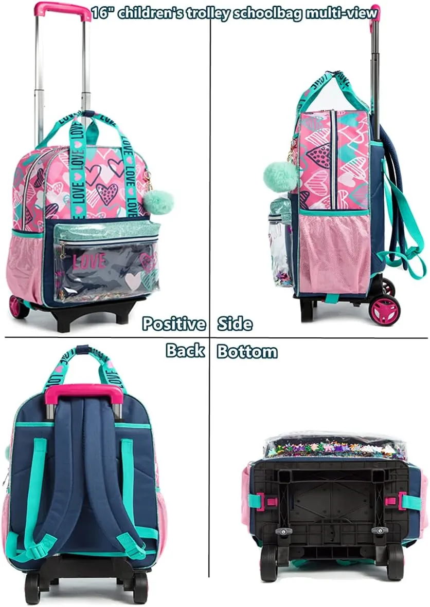 Egchescebo Girls Rolling Backpacks Kids Backpack with Wheels for School Bags Luggage 3PCS Canvas Love Backpack With Lunch Box Pencil Case Wheels Trolley Wheeled Backpacks for Girl‘s Travel Bags Pink