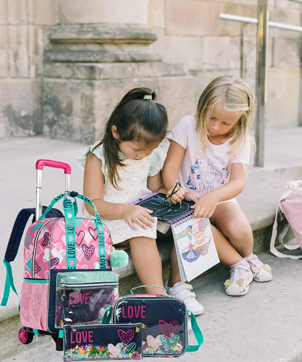 Egchescebo Girls Rolling Backpacks Kids Backpack with Wheels for School Bags Luggage 3PCS Canvas Love Backpack With Lunch Box Pencil Case Wheels Trolley Wheeled Backpacks for Girl‘s Travel Bags Pink