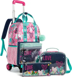 Egchescebo Girls Rolling Backpacks Kids Backpack with Wheels for School Bags Luggage 3PCS Canvas Love Backpack With Lunch Box Pencil Case Wheels Trolley Wheeled Backpacks for Girl‘s Travel Bags Pink