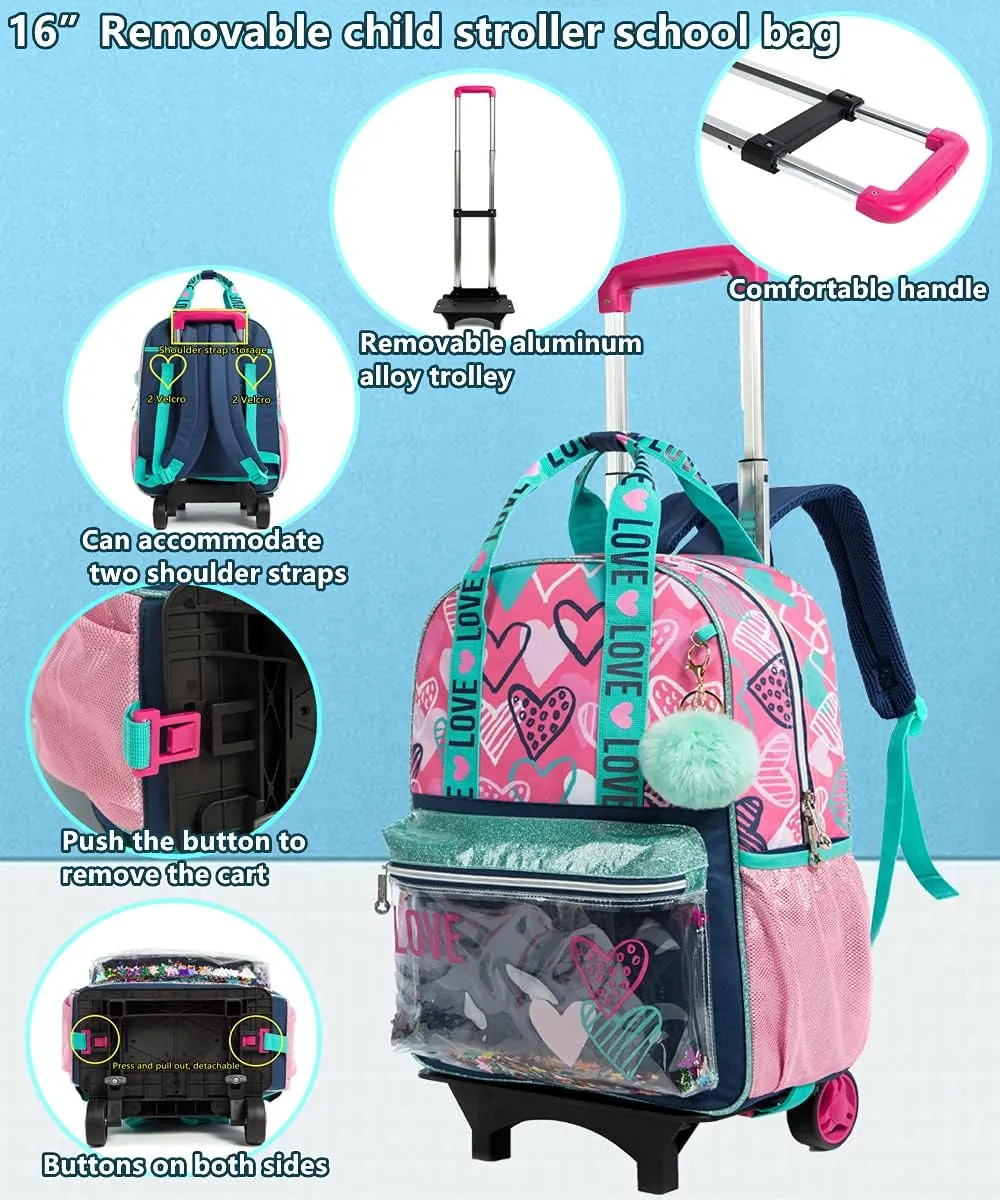 Egchescebo Girls Rolling Backpacks Kids Backpack with Wheels for School Bags Luggage 3PCS Canvas Love Backpack With Lunch Box Pencil Case Wheels Trolley Wheeled Backpacks for Girl‘s Travel Bags Pink
