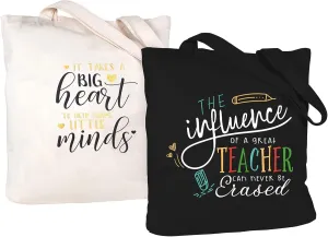 ELEGANTPARK Teacher Gifts for Valentines Graduation Thanksgiving Christmas Teacher Appreciation Gifts for Women in Bulk Canvas Tote Bag with Pocket Black and Ivory 2 Pcs