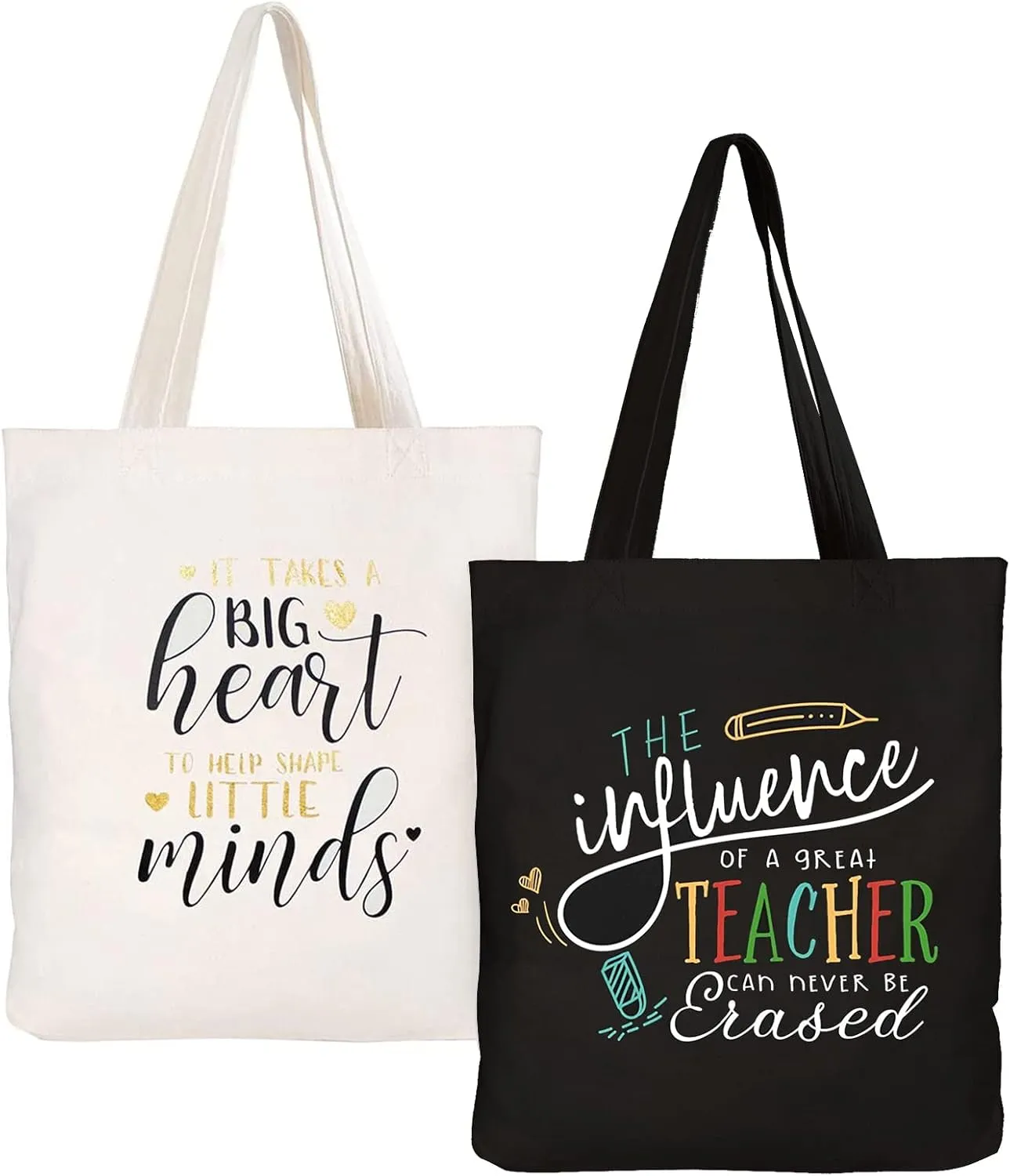 ELEGANTPARK Teacher Gifts for Valentines Graduation Thanksgiving Christmas Teacher Appreciation Gifts for Women in Bulk Canvas Tote Bag with Pocket Black and Ivory 2 Pcs