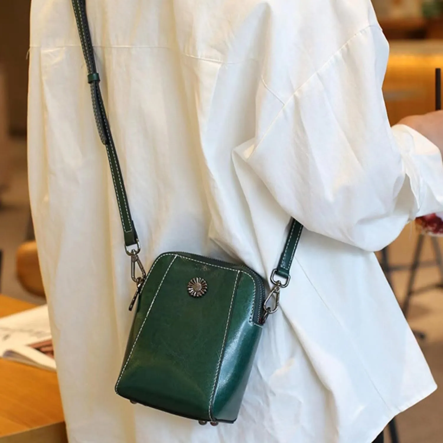 Elmyse Small Crossbody Bag Leather, Genuine Leather Purses for Women, Retro All-Match Vertical Cellphone Bag