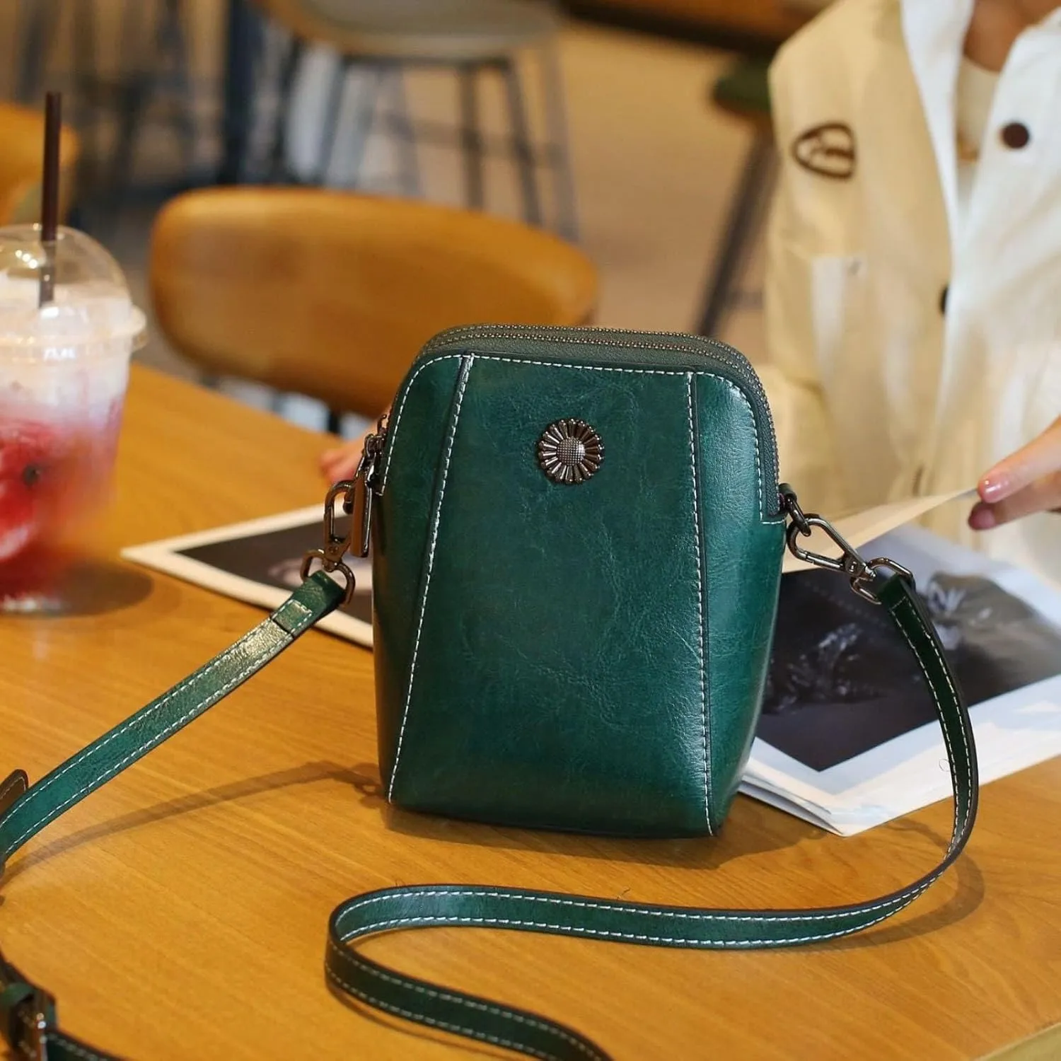 Elmyse Small Crossbody Bag Leather, Genuine Leather Purses for Women, Retro All-Match Vertical Cellphone Bag