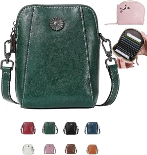 Elmyse Small Crossbody Bag Leather, Genuine Leather Purses for Women, Retro All-Match Vertical Cellphone Bag