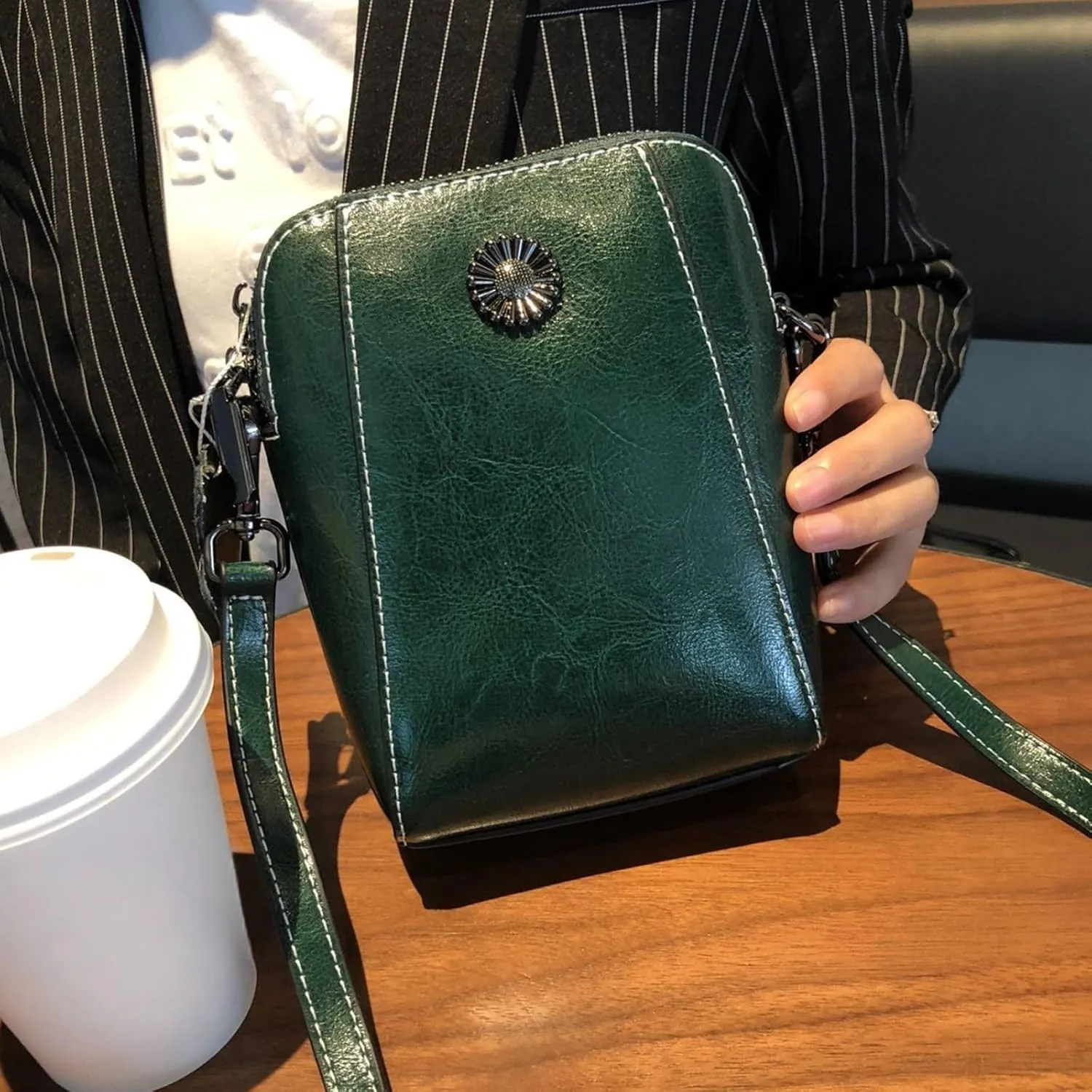 Elmyse Small Crossbody Bag Leather, Genuine Leather Purses for Women, Retro All-Match Vertical Cellphone Bag