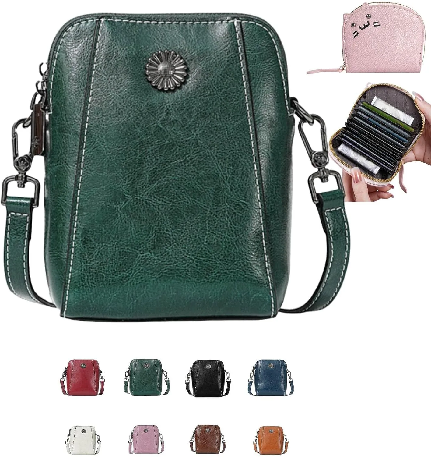 Elmyse Small Crossbody Bag Leather, Genuine Leather Purses for Women, Retro All-Match Vertical Cellphone Bag