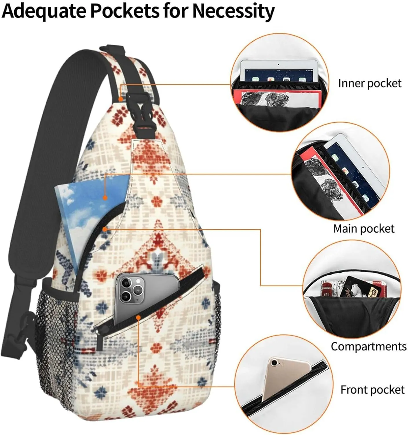 Ethnic Boho Floral Sling Bag Crossbody Bag for Men Women, Daypack Chest Backpack Shoulder Bag for Travle Hiking