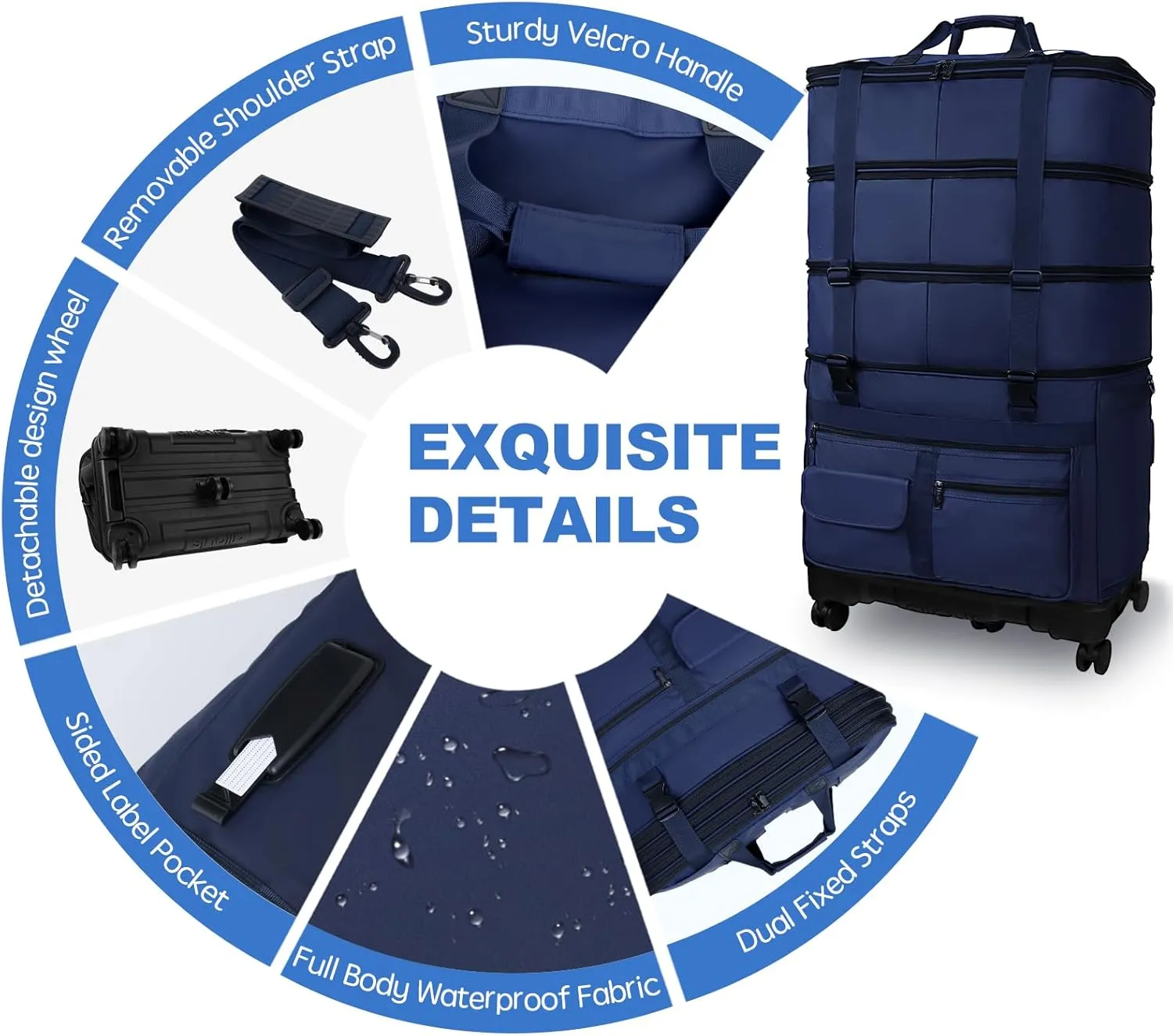 Expandable Collapsible Luggage with Telescoping Handle Foldable Suitcase with Removable Wheels Rolling Travel Duffel Bag for Men and Women