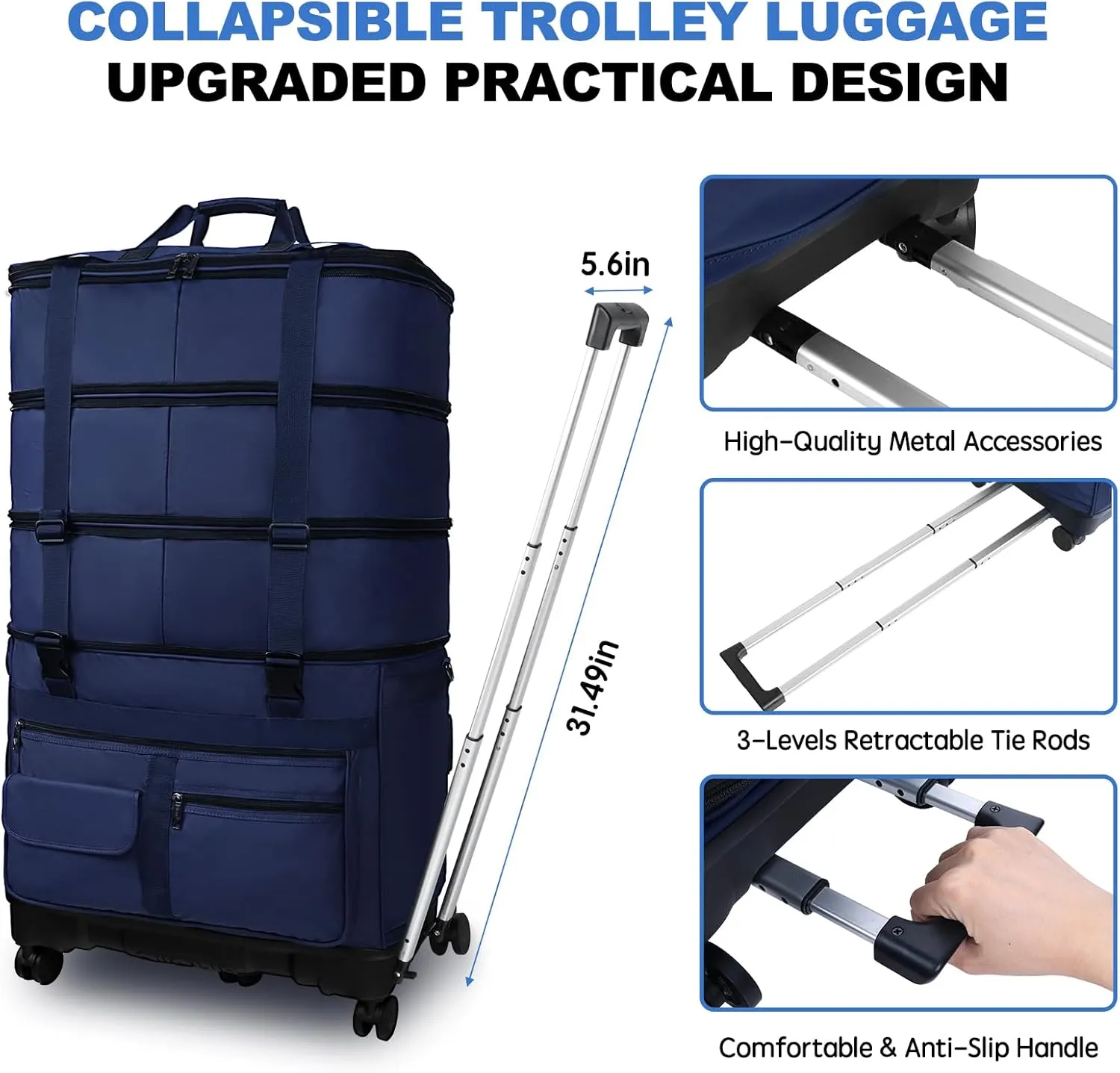 Expandable Collapsible Luggage with Telescoping Handle Foldable Suitcase with Removable Wheels Rolling Travel Duffel Bag for Men and Women